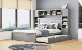 Queen Size Wooden Bed With All-in-One Cabinet, Shelf and Sockets,Twin XL Trundle, Gray