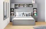 Queen Size Wooden Bed With All-in-One Cabinet, Shelf and Sockets,Twin XL Trundle, Gray
