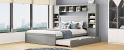 Queen Size Wooden Bed With All-in-One Cabinet, Shelf and Sockets,Twin XL Trundle, Gray