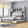 Queen Size Wooden Bed With All-in-One Cabinet, Shelf and Sockets,Twin XL Trundle, Gray