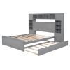 Queen Size Wooden Bed With All-in-One Cabinet, Shelf and Sockets,Twin XL Trundle, Gray