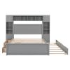 Queen Size Wooden Bed With All-in-One Cabinet, Shelf and Sockets,Twin XL Trundle, Gray
