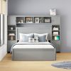 Queen Size Wooden Bed With All-in-One Cabinet, Shelf and Sockets,Twin XL Trundle, Gray