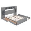 Queen Size Wooden Bed With All-in-One Cabinet, Shelf and Sockets,Twin XL Trundle, Gray