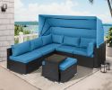 Rattan Furniture Daybed with Canopy 7 Pieces Outdoor Day Bed Wicker Sectional Sofa Set Patio Furniture Set with Adjustable